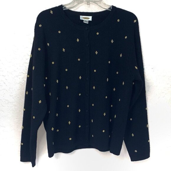 Vintage Talbots Soft Merino Wool Cardigan Black With Bead Clusters Womens Large - Picture 1 of 9